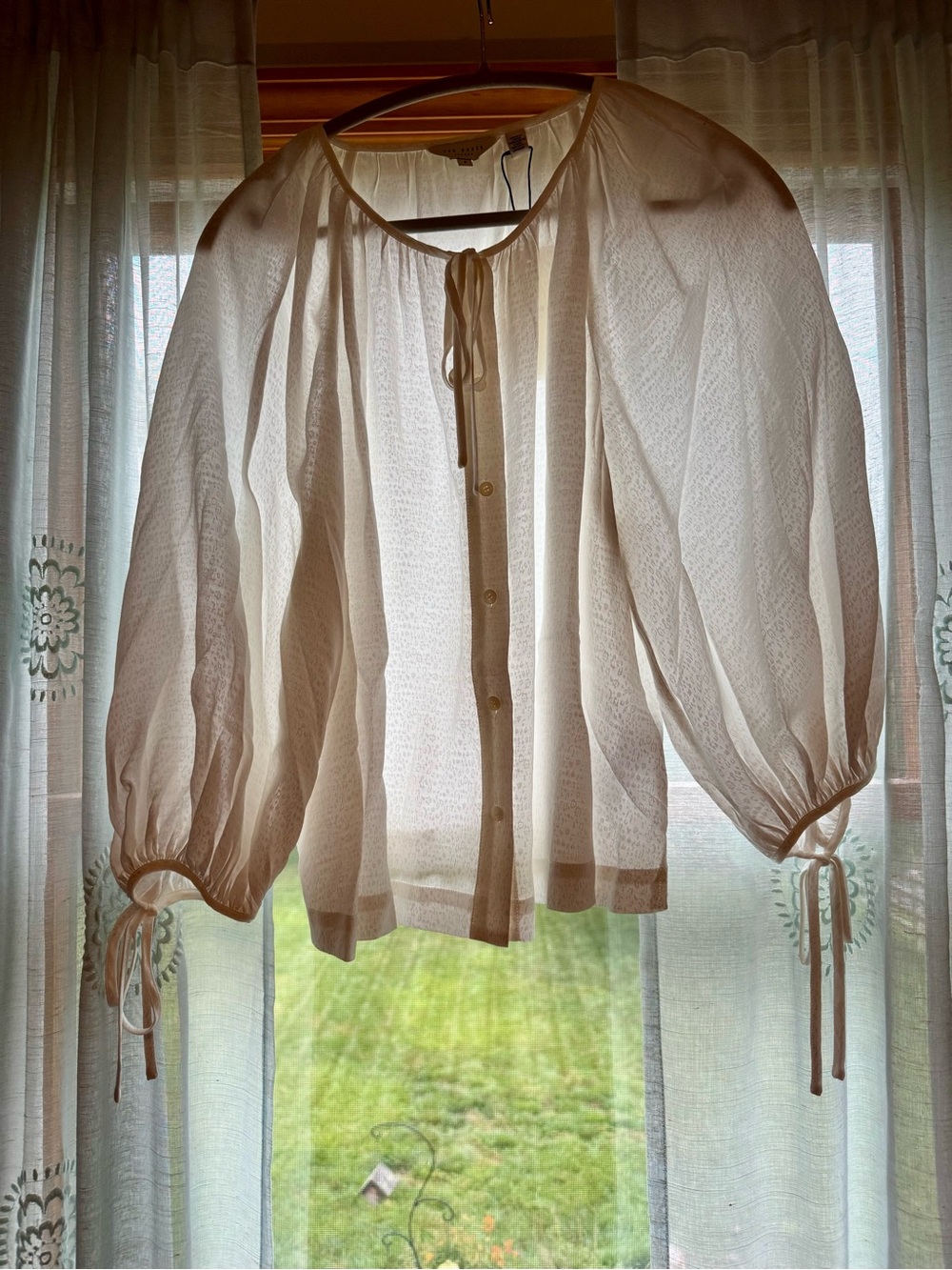 Ted Baker Sheer Tie-Neck Balloon Sleeve Blouse - Cream